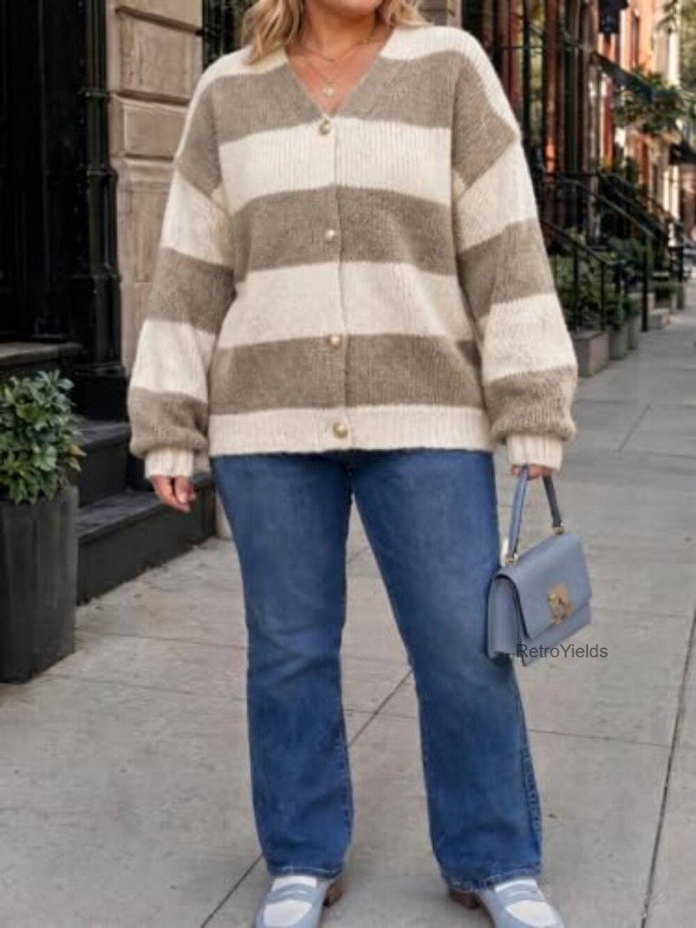 Striped Open Front Cardigan Sweater V-Neck Button Down Knit - Picture 3 of 5